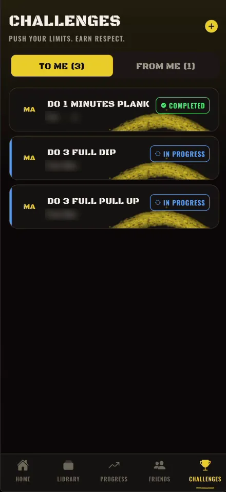 Challenges screen with one completed and two in progress