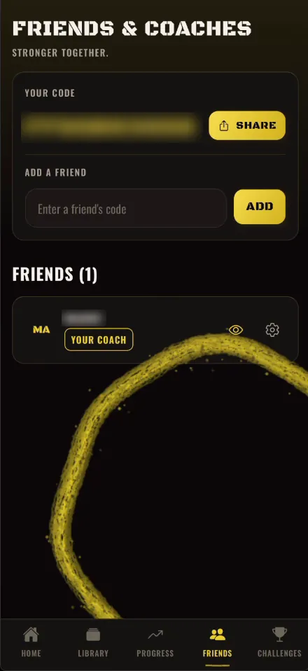 Friends and coaches screen with a friend marked as your coach