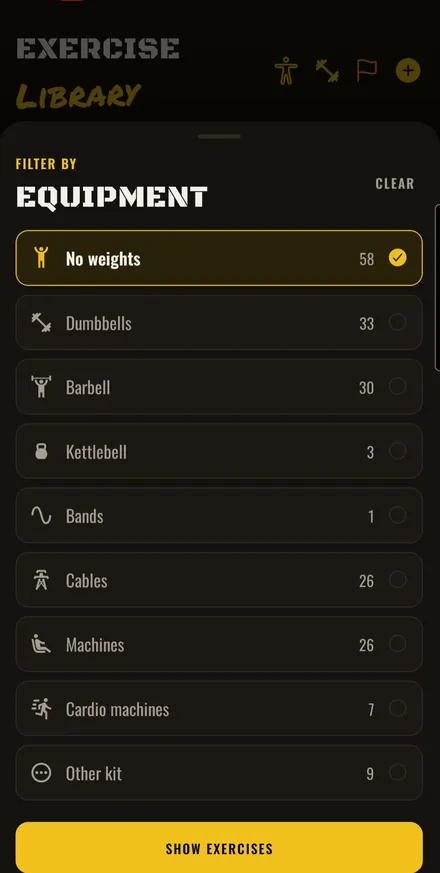 Equipment filter: no weights 58, dumbbells 33, barbell 30, kettlebell 3, bands 1, cables 26, machines 26, cardio machines 7