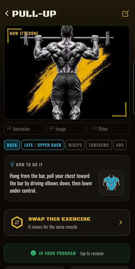 An exercise page: an illustration of a pull-up, the muscles it trains, how to do it, and a button to swap it for another move