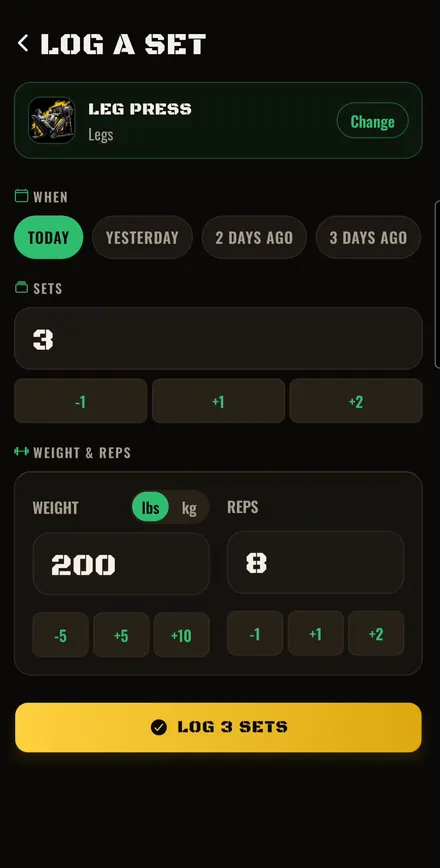 Log a set: 3 sets of leg press at 200 lbs for 8 reps