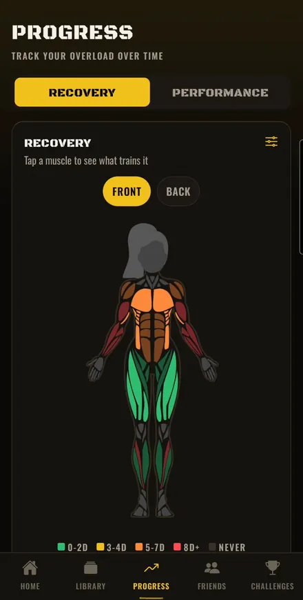 Recovery body map coloured by days since each muscle was trained