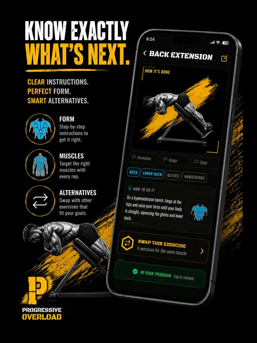 Play Store panel, Know exactly what's next: an exercise page with illustration, muscles, instructions and alternatives