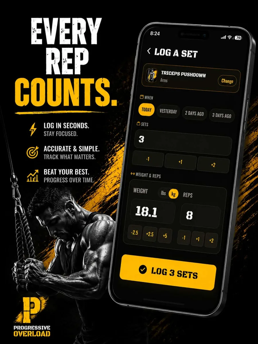 Play Store panel, Every rep counts: logging a set with weight in kilos or pounds and reps