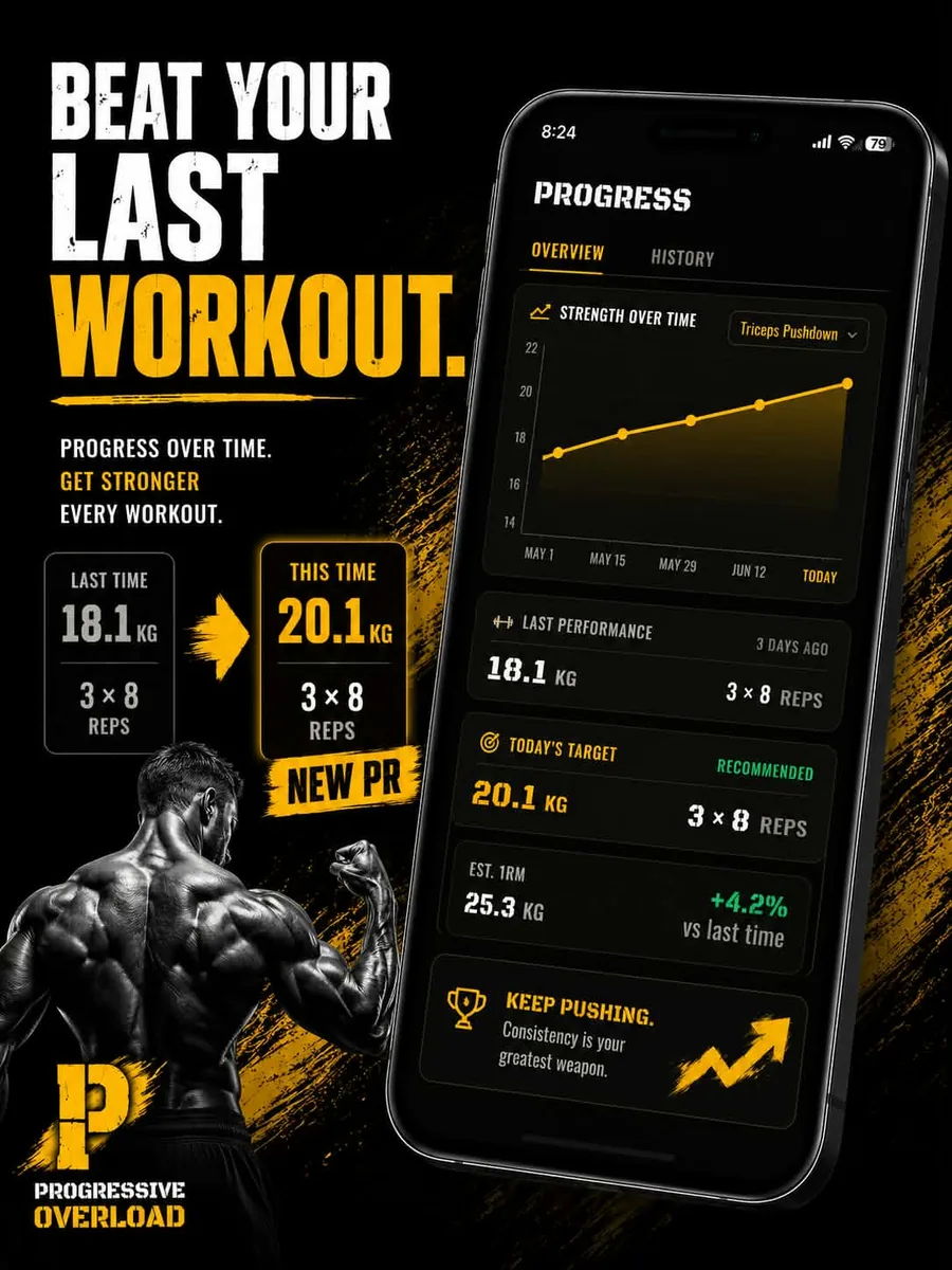 Play Store panel, Beat your last workout: strength over time, today's target and estimated one-rep max